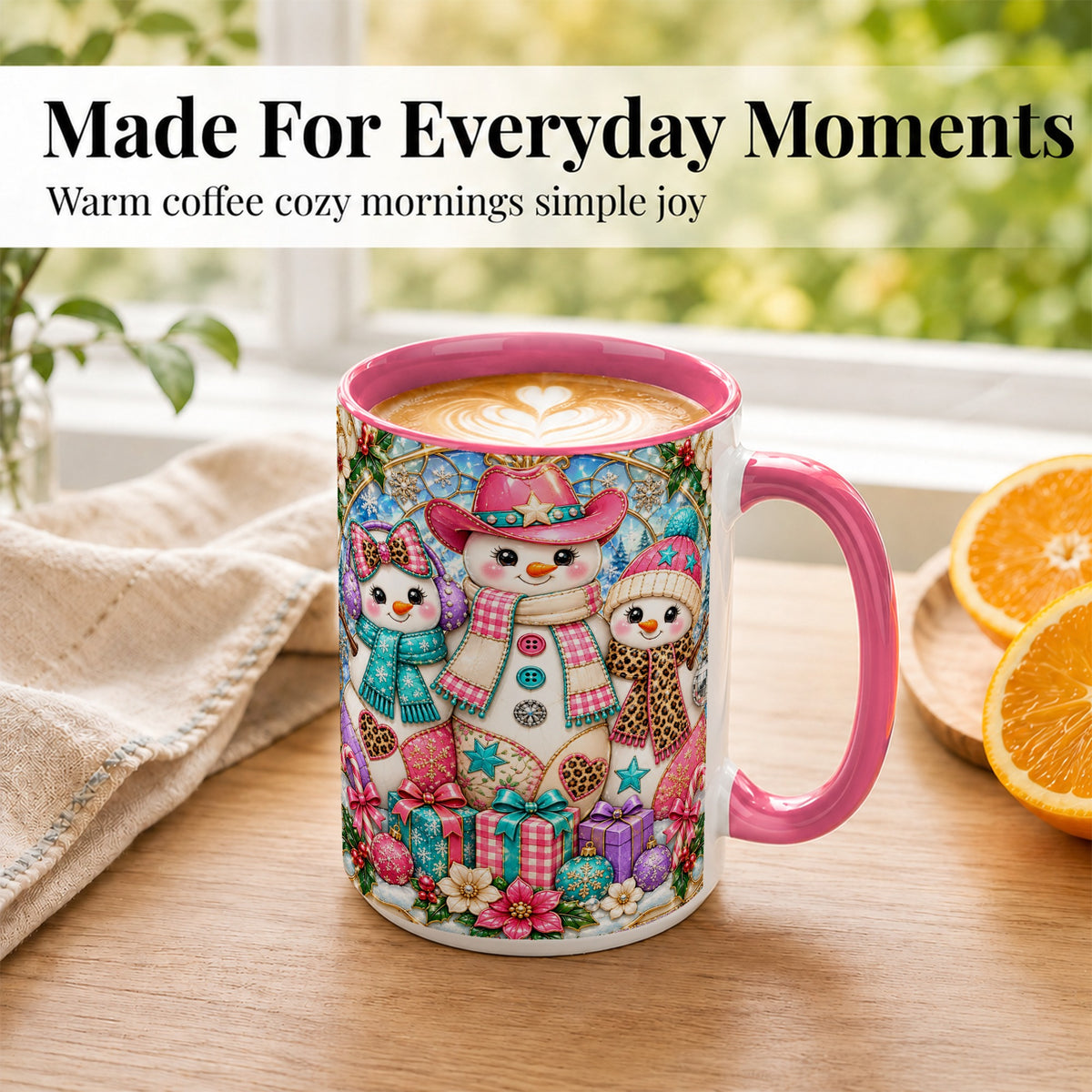 #pl[15oz|Pink] Western Snowmen Coffee Mug, Stained Glass Style Mug, Ceramic Cup
