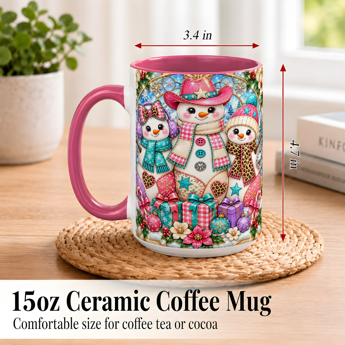 #pl[15oz|Pink] Western Snowmen Coffee Mug, Stained Glass Style Mug, Ceramic Cup