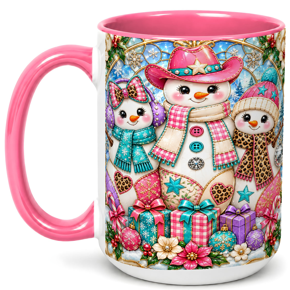 #pl[15oz|Pink] Western Snowmen Coffee Mug, Stained Glass Style Mug, Ceramic Cup