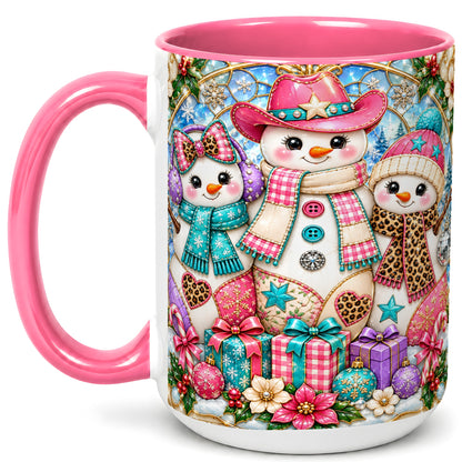 #pl[15oz|Pink] Western Snowmen Coffee Mug, Stained Glass Style Mug, Ceramic Cup