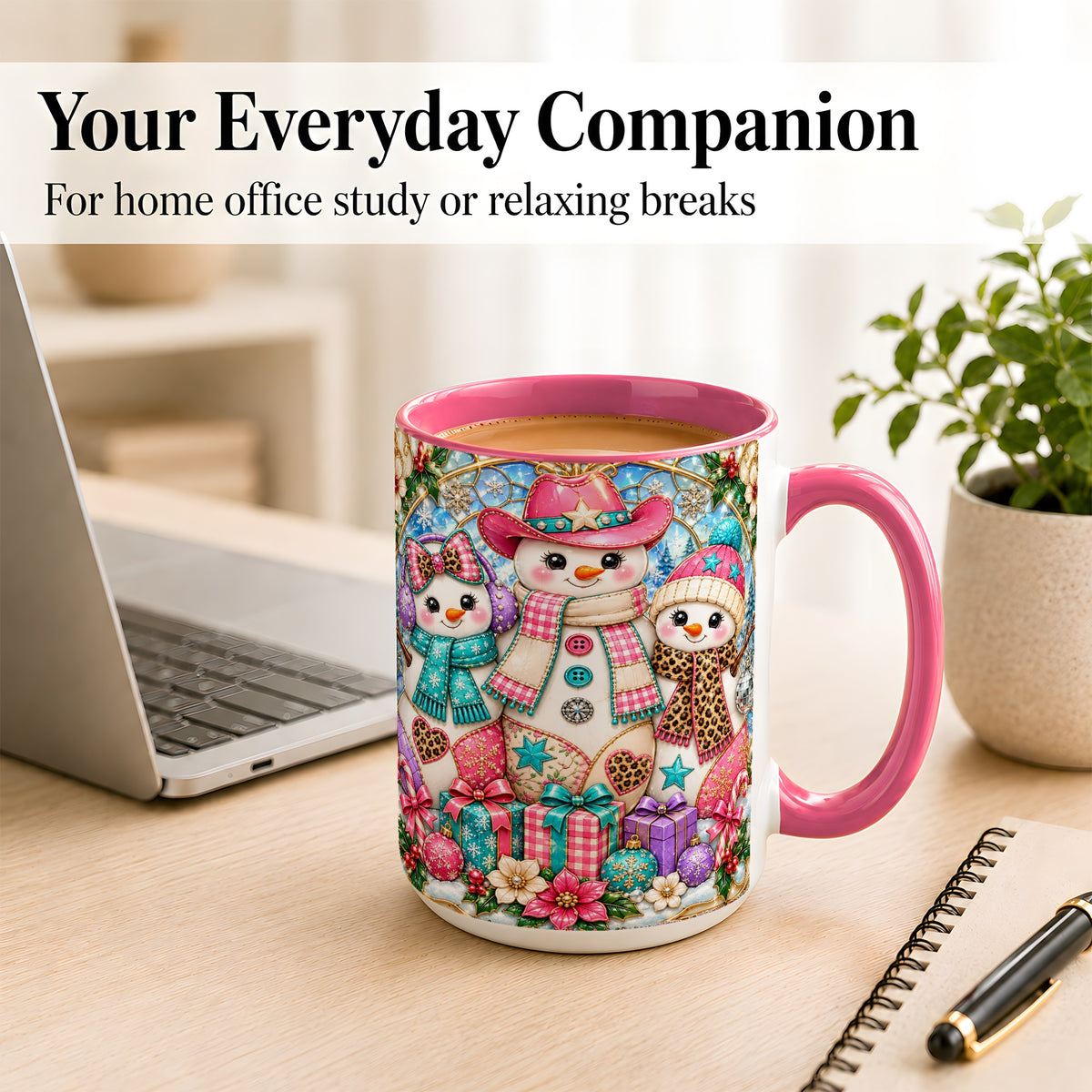 #pl[15oz|Pink] Western Snowmen Coffee Mug, Stained Glass Style Mug, Ceramic Cup