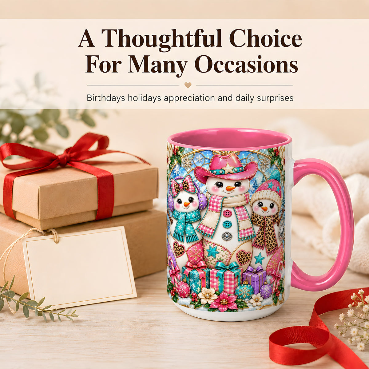 #pl[15oz|Pink] Western Snowmen Coffee Mug, Stained Glass Style Mug, Ceramic Cup