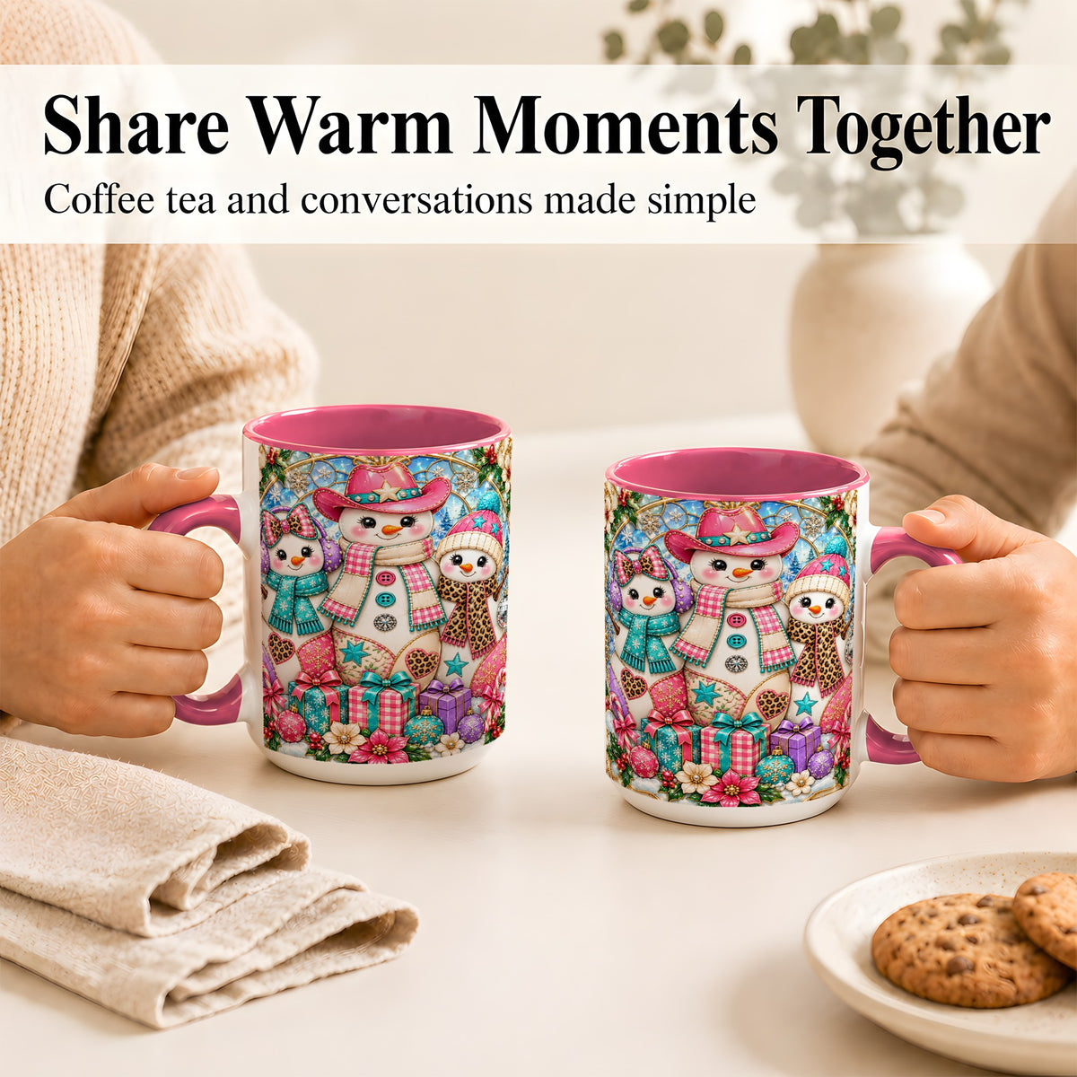 #pl[15oz|Pink] Western Snowmen Coffee Mug, Stained Glass Style Mug, Ceramic Cup