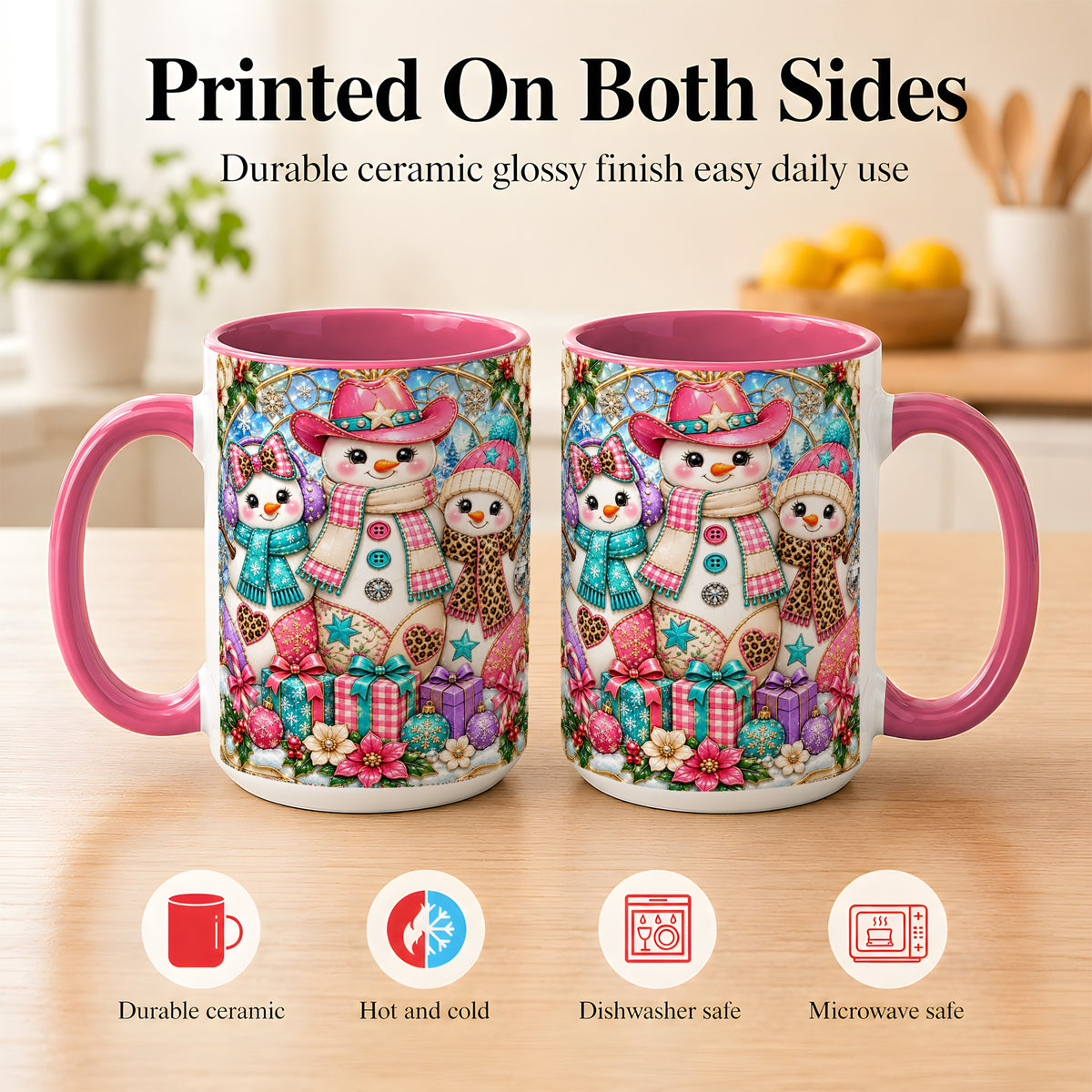 #pl[15oz|Pink] Western Snowmen Coffee Mug, Stained Glass Style Mug, Ceramic Cup