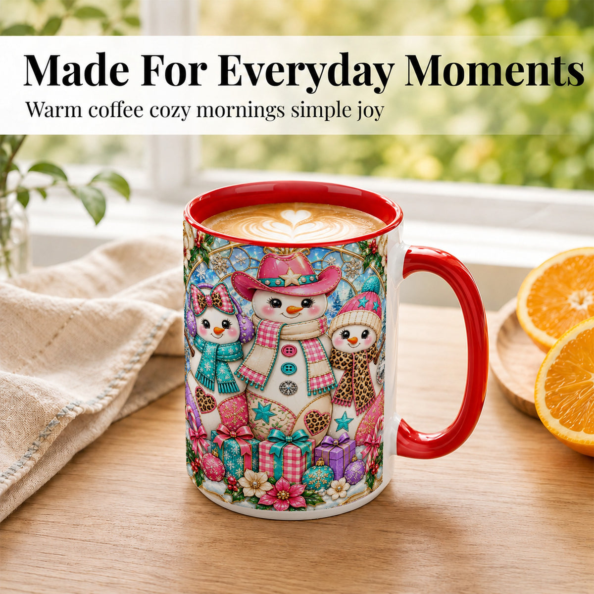 #pl[15oz|Red] Western Snowmen Coffee Mug, Stained Glass Style Mug, Ceramic Cup