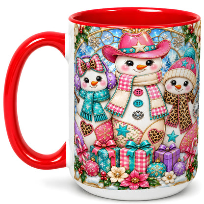 #pl[15oz|Red] Western Snowmen Coffee Mug, Stained Glass Style Mug, Ceramic Cup