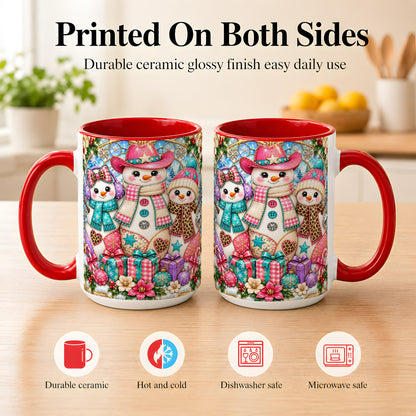#pl[15oz|Red] Western Snowmen Coffee Mug, Stained Glass Style Mug, Ceramic Cup