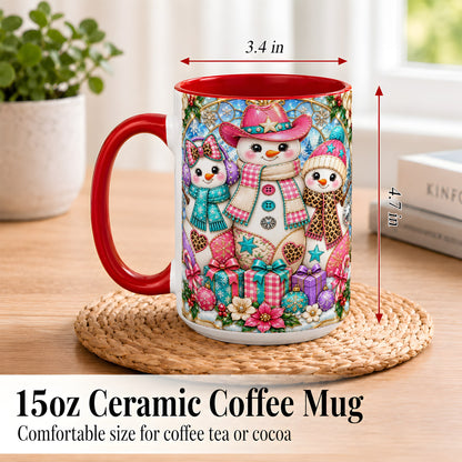 #pl[15oz|Red] Western Snowmen Coffee Mug, Stained Glass Style Mug, Ceramic Cup