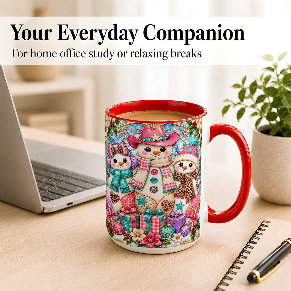 #pl[15oz|Red] Western Snowmen Coffee Mug, Stained Glass Style Mug, Ceramic Cup
