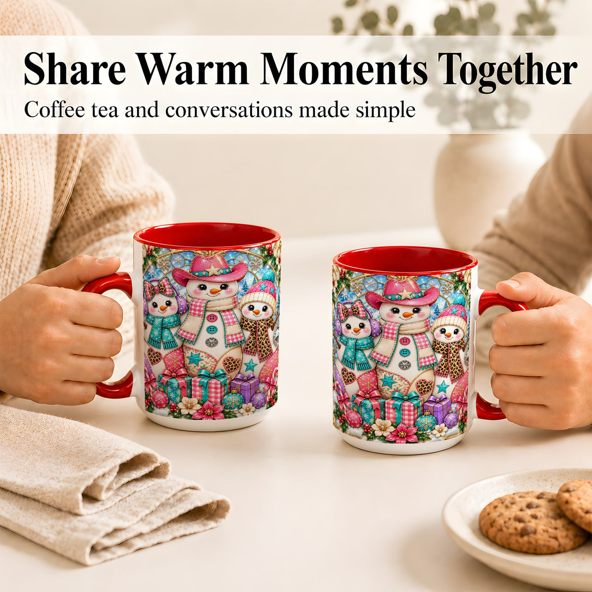 #pl[15oz|Red] Western Snowmen Coffee Mug, Stained Glass Style Mug, Ceramic Cup