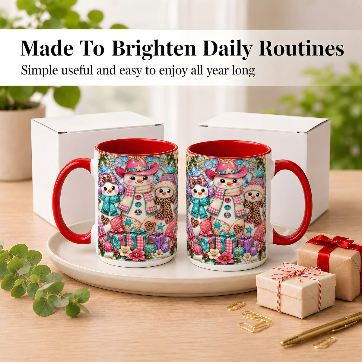#pl[15oz|Red] Western Snowmen Coffee Mug, Stained Glass Style Mug, Ceramic Cup