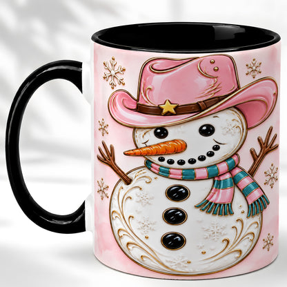 #pl[11oz|Black] Pink Cowgirl Snowman Coffee Mug, Western Winter Mug, Ceramic Cup