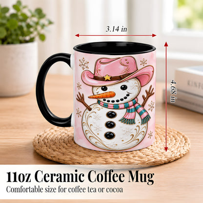 #pl[11oz|Black] Pink Cowgirl Snowman Coffee Mug, Western Winter Mug, Ceramic Cup