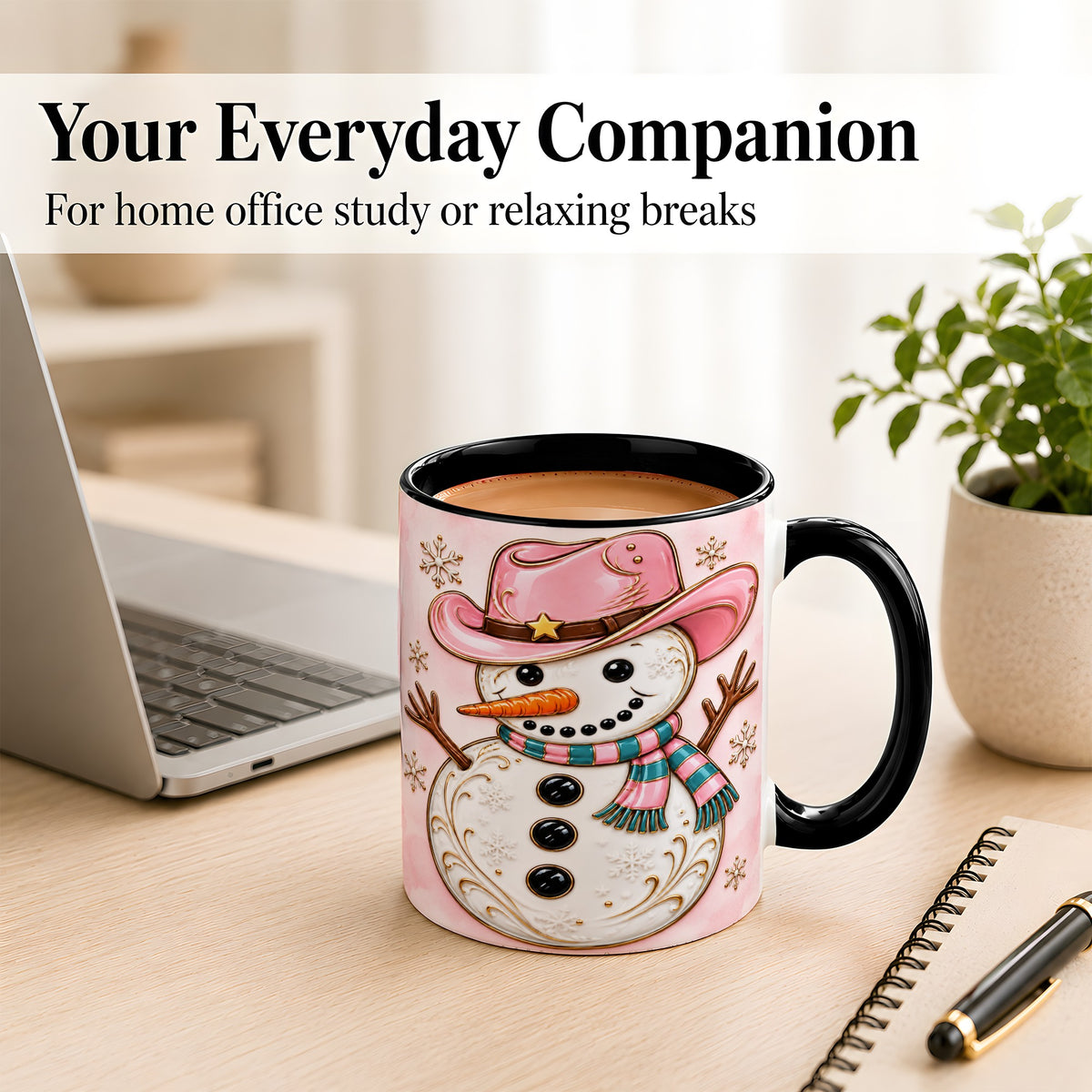 #pl[11oz|Black] Pink Cowgirl Snowman Coffee Mug, Western Winter Mug, Ceramic Cup