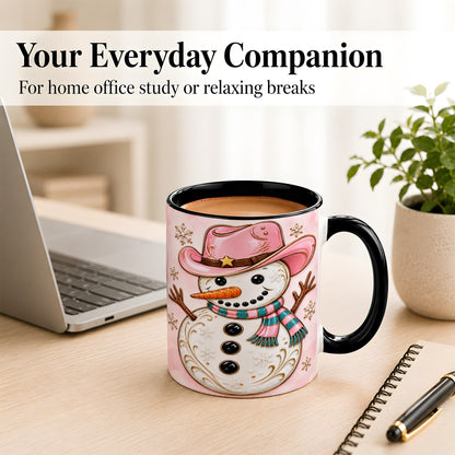 #pl[11oz|Black] Pink Cowgirl Snowman Coffee Mug, Western Winter Mug, Ceramic Cup
