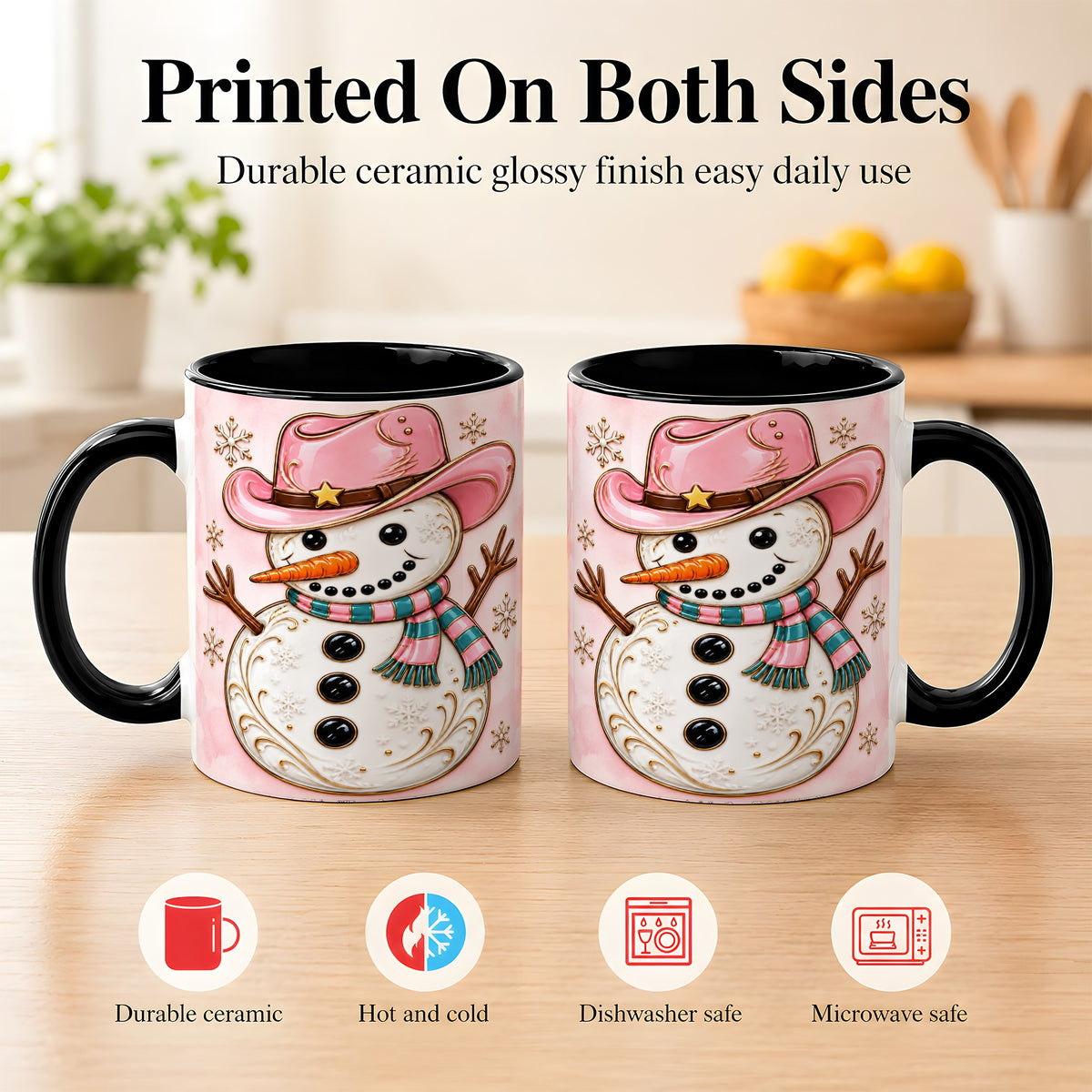 #pl[11oz|Black] Pink Cowgirl Snowman Coffee Mug, Western Winter Mug, Ceramic Cup