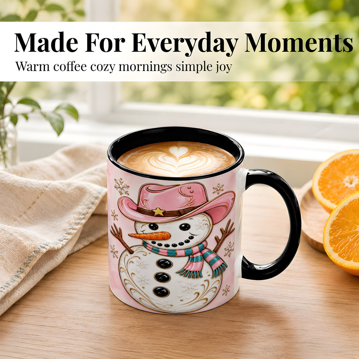#pl[11oz|Black] Pink Cowgirl Snowman Coffee Mug, Western Winter Mug, Ceramic Cup
