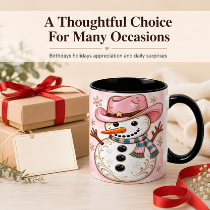 #pl[11oz|Black] Pink Cowgirl Snowman Coffee Mug, Western Winter Mug, Ceramic Cup