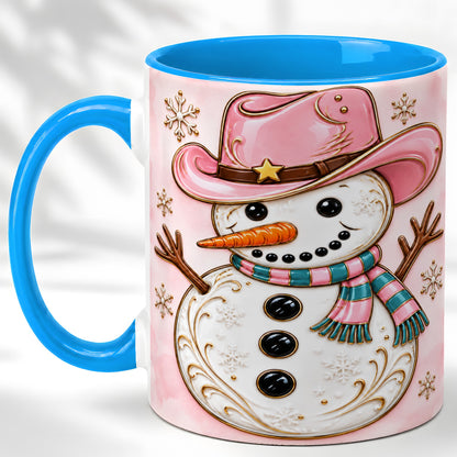 #pl[11oz|Blue] Pink Cowgirl Snowman Coffee Mug, Western Winter Mug, Ceramic Cup