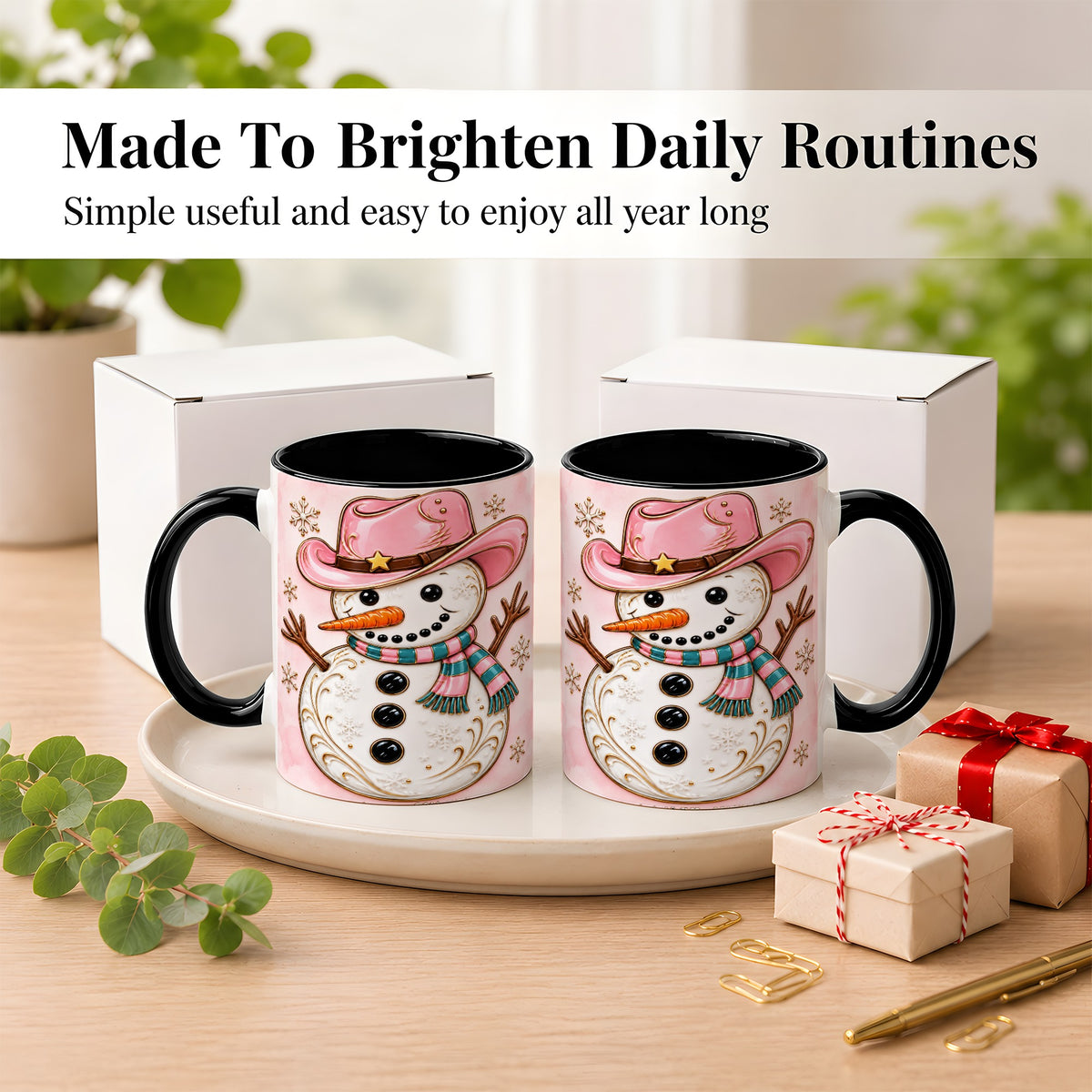 #pl[11oz|Black] Pink Cowgirl Snowman Coffee Mug, Western Winter Mug, Ceramic Cup