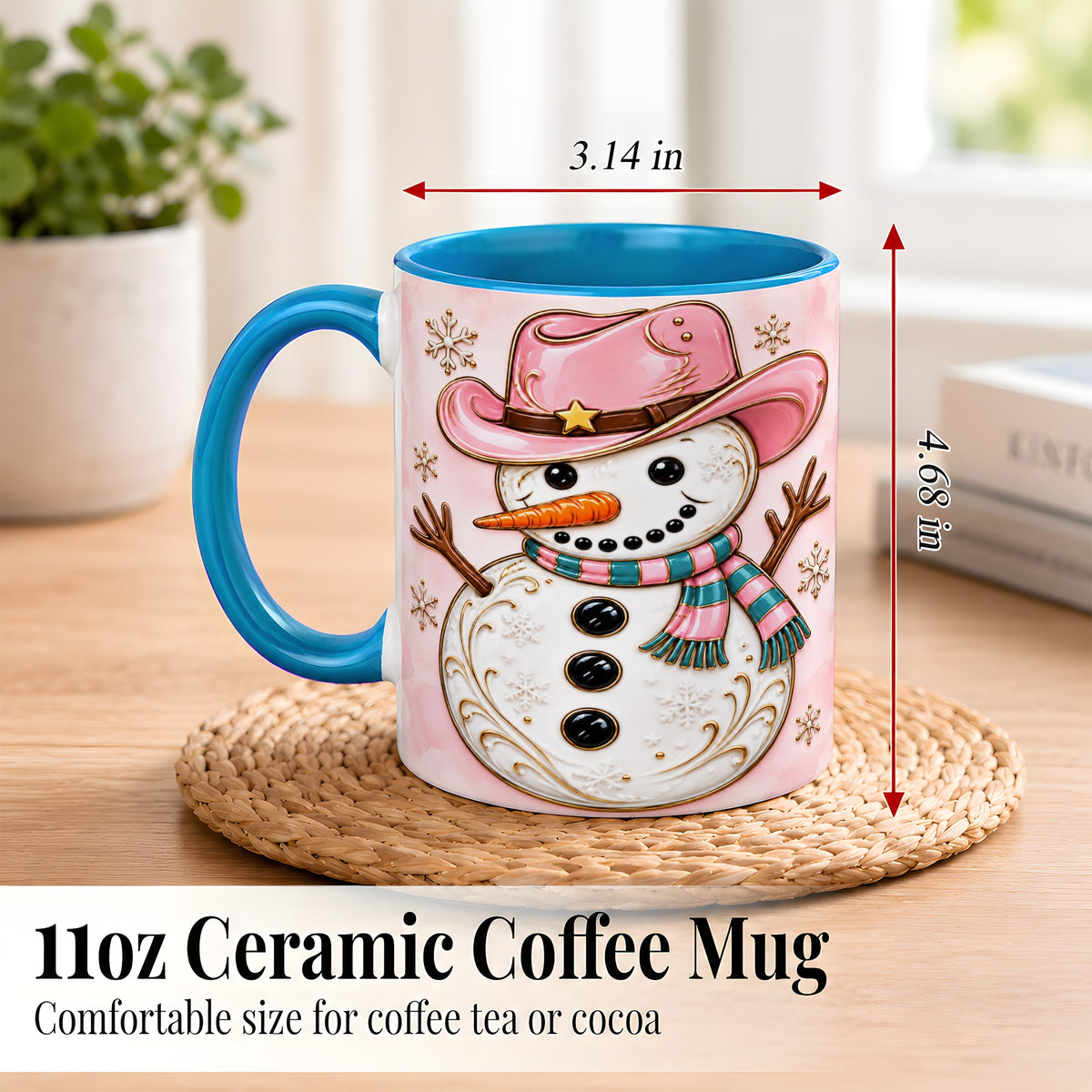 #pl[11oz|Blue] Pink Cowgirl Snowman Coffee Mug, Western Winter Mug, Ceramic Cup