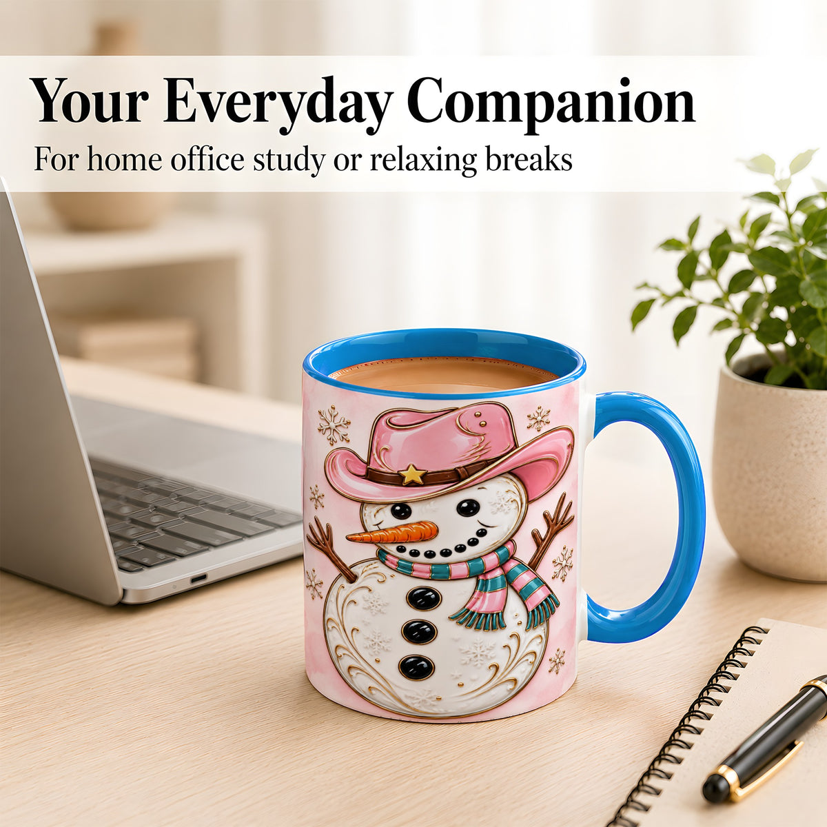 #pl[11oz|Blue] Pink Cowgirl Snowman Coffee Mug, Western Winter Mug, Ceramic Cup
