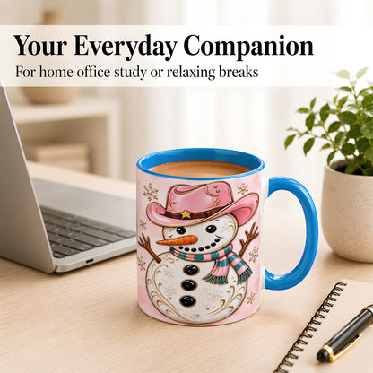 #pl[11oz|Blue] Pink Cowgirl Snowman Coffee Mug, Western Winter Mug, Ceramic Cup
