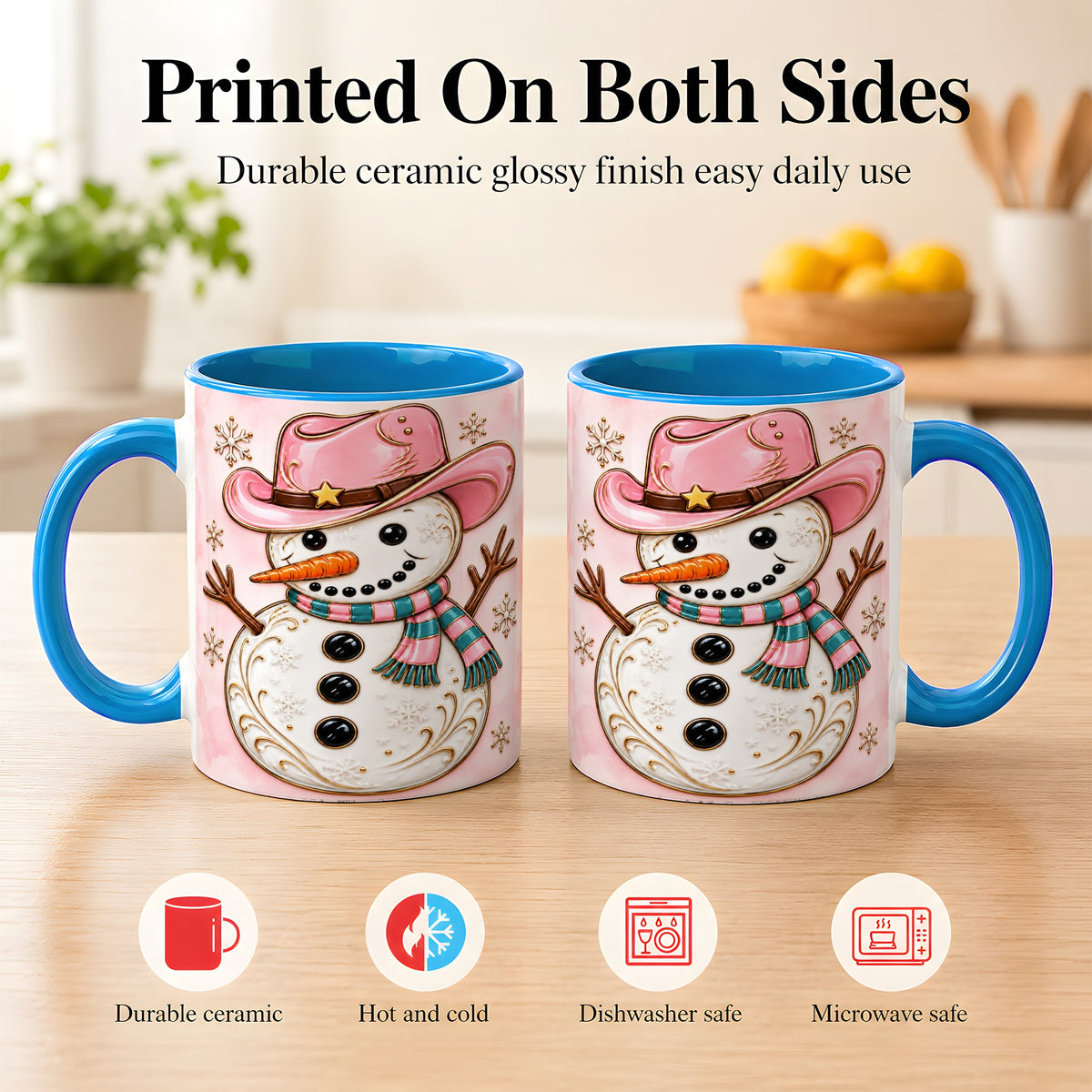 #pl[11oz|Blue] Pink Cowgirl Snowman Coffee Mug, Western Winter Mug, Ceramic Cup