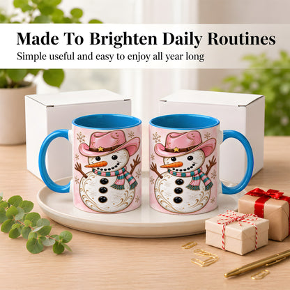 #pl[11oz|Blue] Pink Cowgirl Snowman Coffee Mug, Western Winter Mug, Ceramic Cup