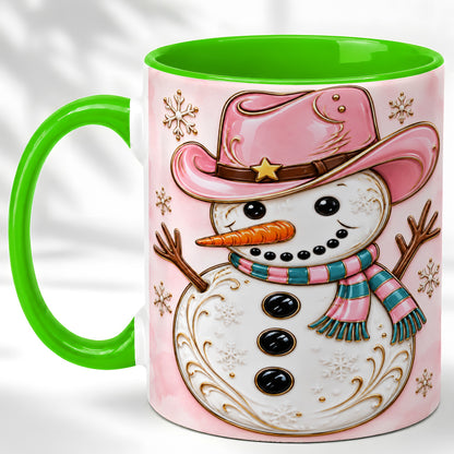 #pl[11oz|Green] Pink Cowgirl Snowman Coffee Mug, Western Winter Mug, Ceramic Cup