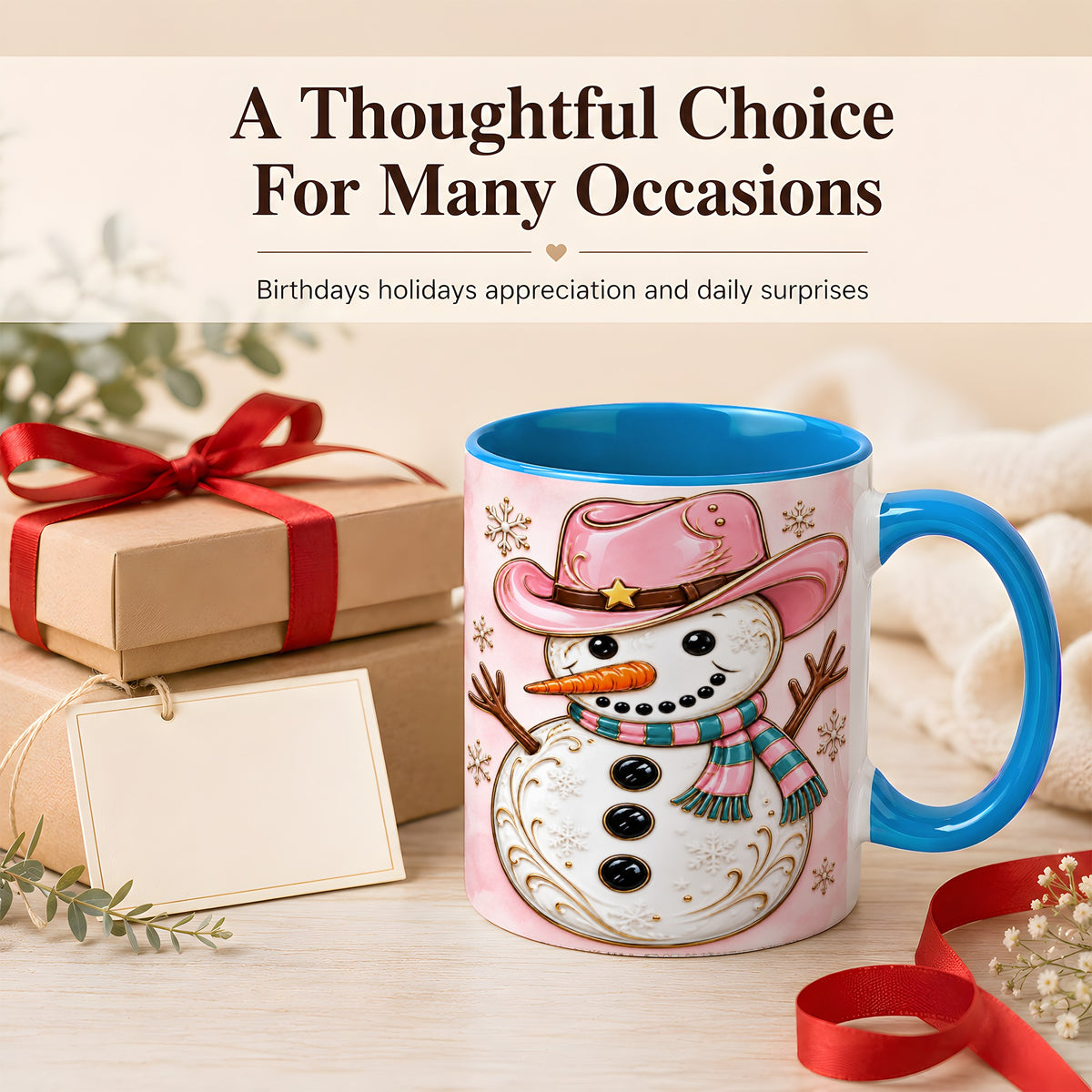 #pl[11oz|Blue] Pink Cowgirl Snowman Coffee Mug, Western Winter Mug, Ceramic Cup