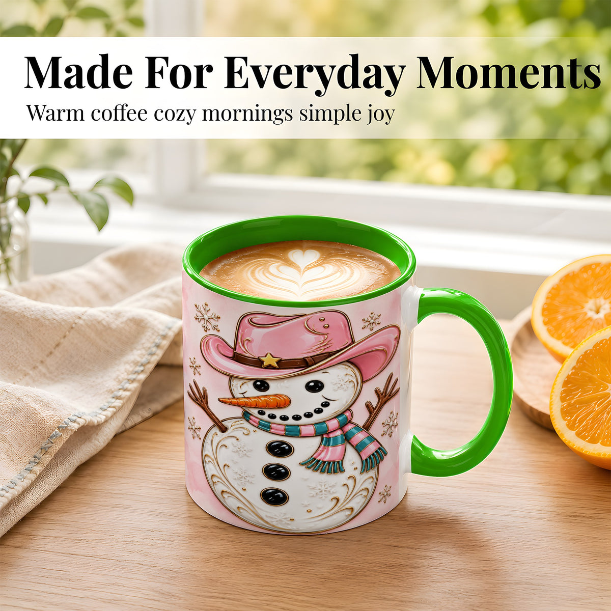 #pl[11oz|Green] Pink Cowgirl Snowman Coffee Mug, Western Winter Mug, Ceramic Cup