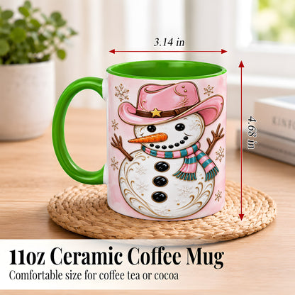 #pl[11oz|Green] Pink Cowgirl Snowman Coffee Mug, Western Winter Mug, Ceramic Cup