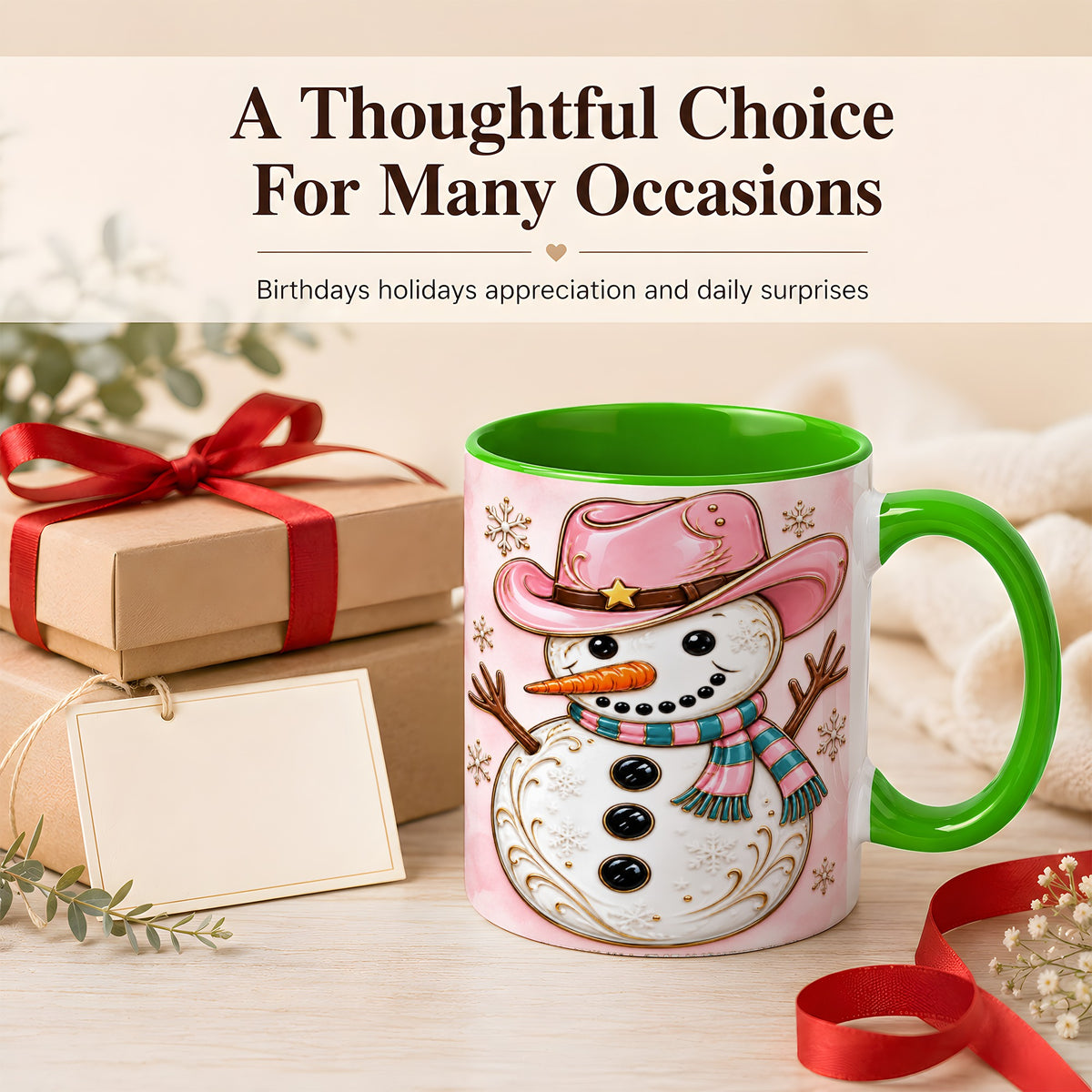#pl[11oz|Green] Pink Cowgirl Snowman Coffee Mug, Western Winter Mug, Ceramic Cup