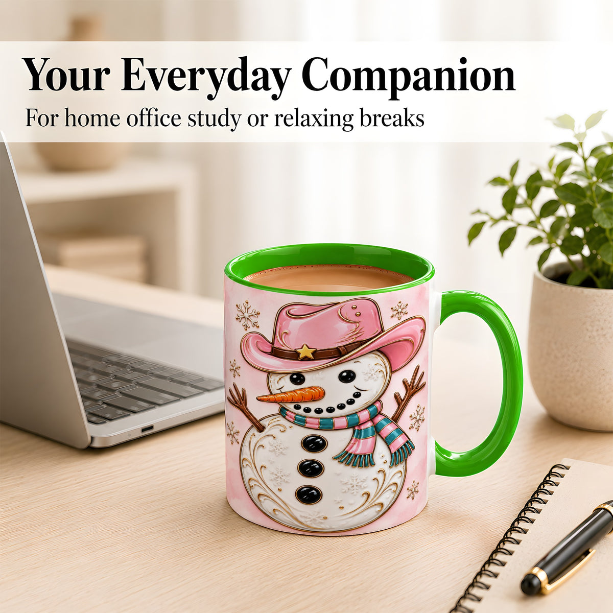 #pl[11oz|Green] Pink Cowgirl Snowman Coffee Mug, Western Winter Mug, Ceramic Cup