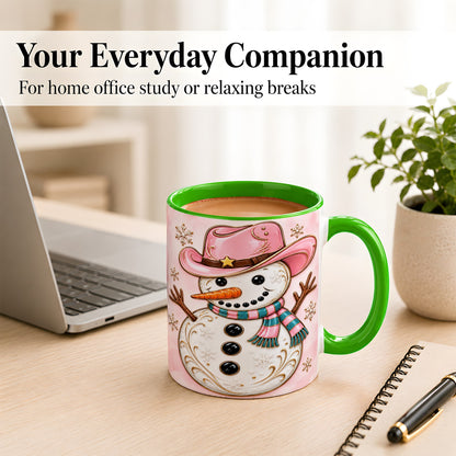 #pl[11oz|Green] Pink Cowgirl Snowman Coffee Mug, Western Winter Mug, Ceramic Cup