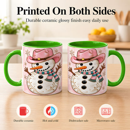 #pl[11oz|Green] Pink Cowgirl Snowman Coffee Mug, Western Winter Mug, Ceramic Cup