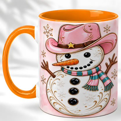 #pl[11oz|Orange] Pink Cowgirl Snowman Coffee Mug, Western Winter Mug, Ceramic Cup