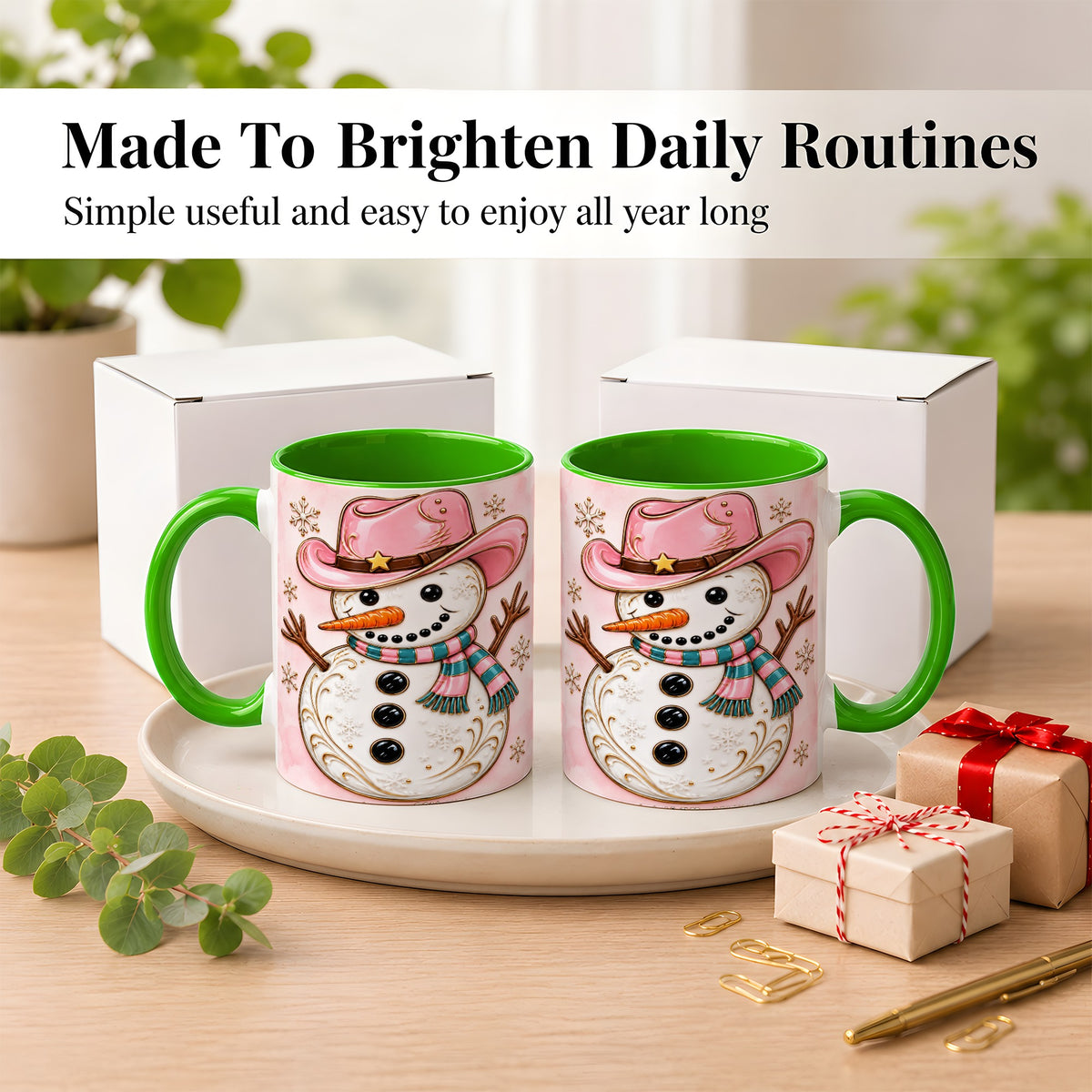 #pl[11oz|Green] Pink Cowgirl Snowman Coffee Mug, Western Winter Mug, Ceramic Cup