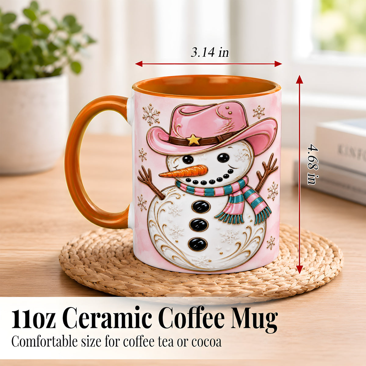 #pl[11oz|Orange] Pink Cowgirl Snowman Coffee Mug, Western Winter Mug, Ceramic Cup