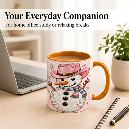 #pl[11oz|Orange] Pink Cowgirl Snowman Coffee Mug, Western Winter Mug, Ceramic Cup