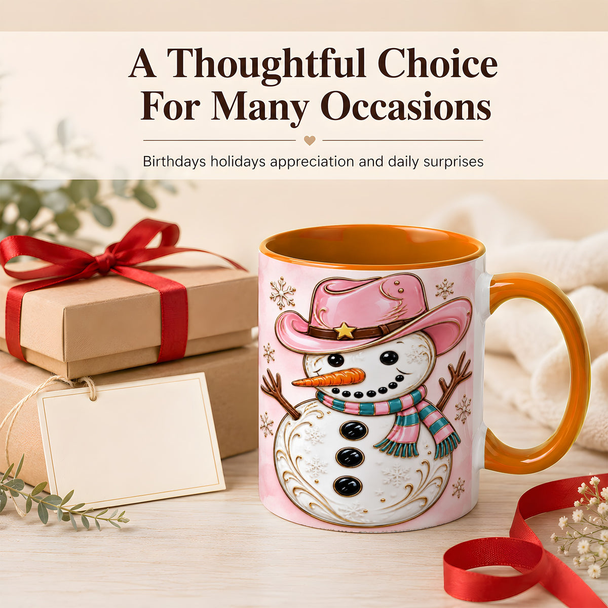 #pl[11oz|Orange] Pink Cowgirl Snowman Coffee Mug, Western Winter Mug, Ceramic Cup