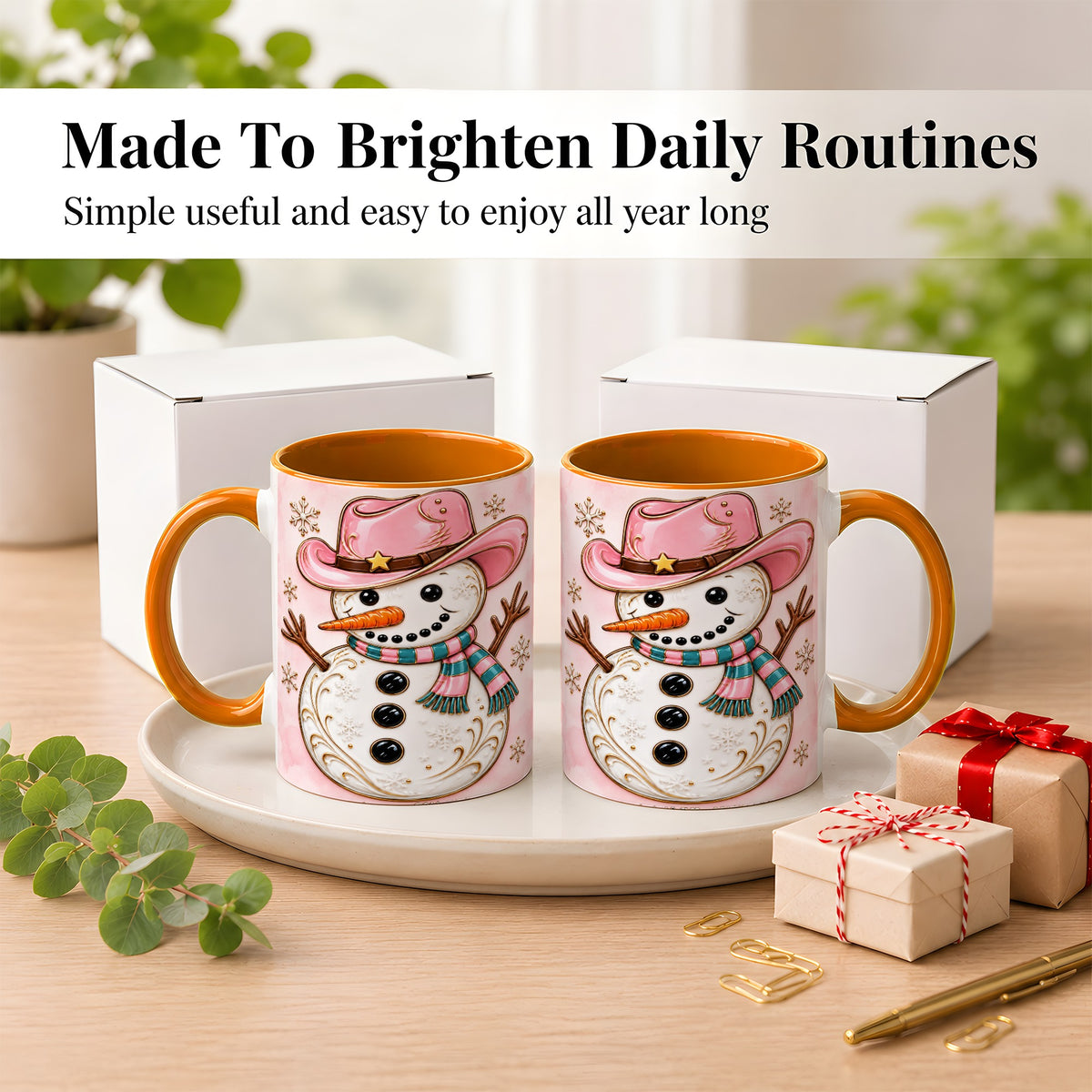 #pl[11oz|Orange] Pink Cowgirl Snowman Coffee Mug, Western Winter Mug, Ceramic Cup