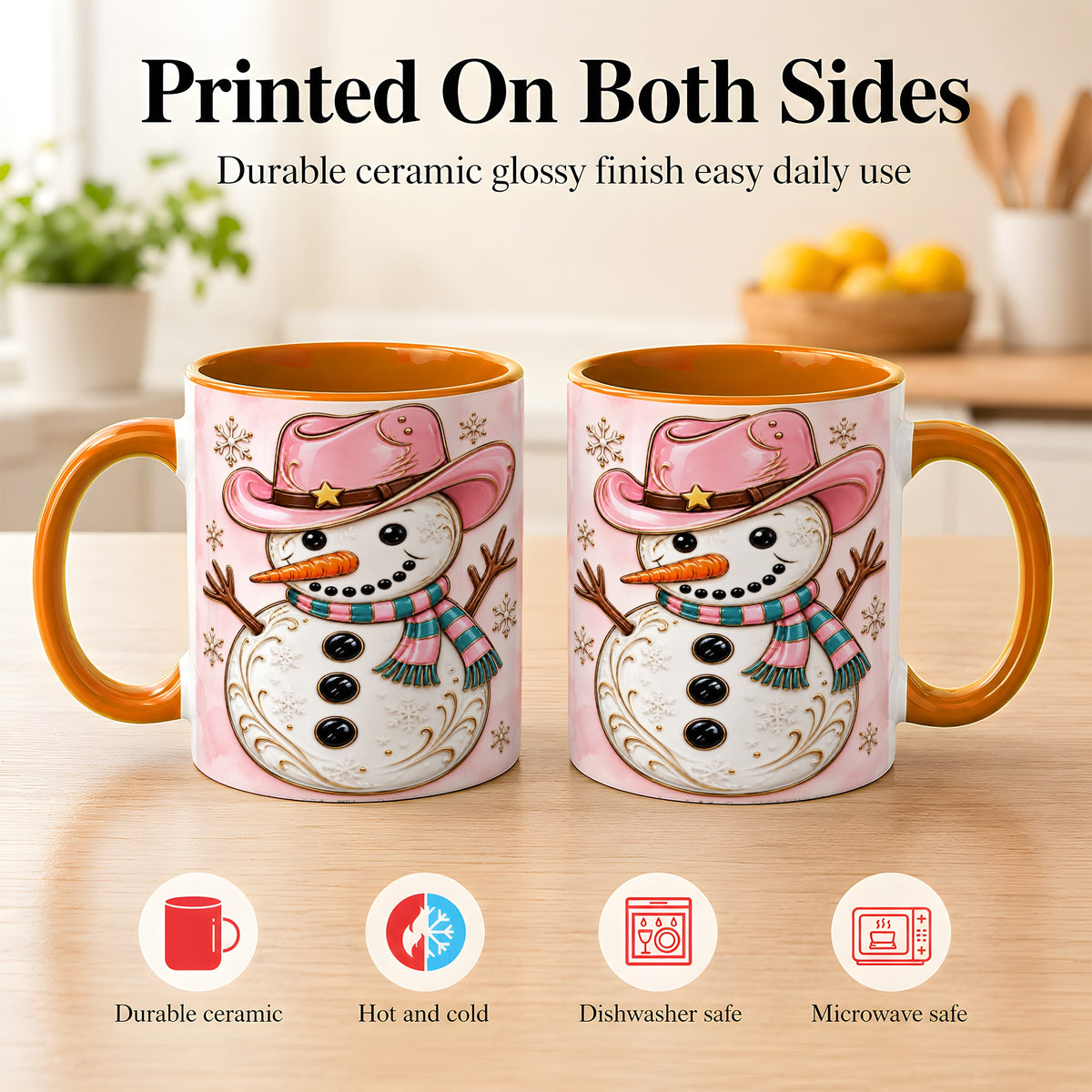 #pl[11oz|Orange] Pink Cowgirl Snowman Coffee Mug, Western Winter Mug, Ceramic Cup