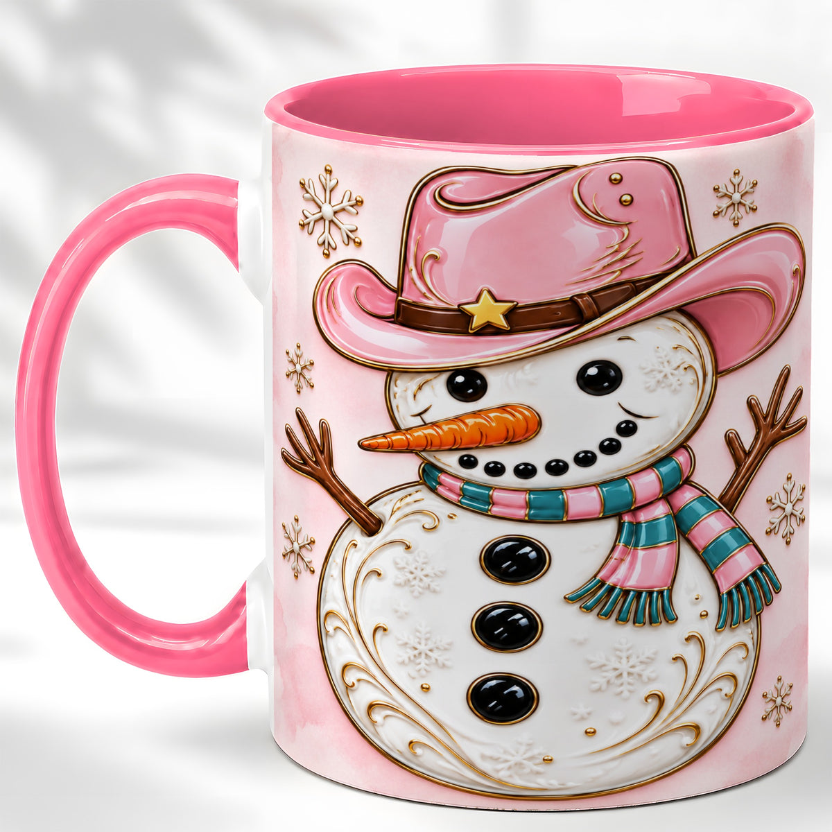 #pl[11oz|Pink] Pink Cowgirl Snowman Coffee Mug, Western Winter Mug, Ceramic Cup