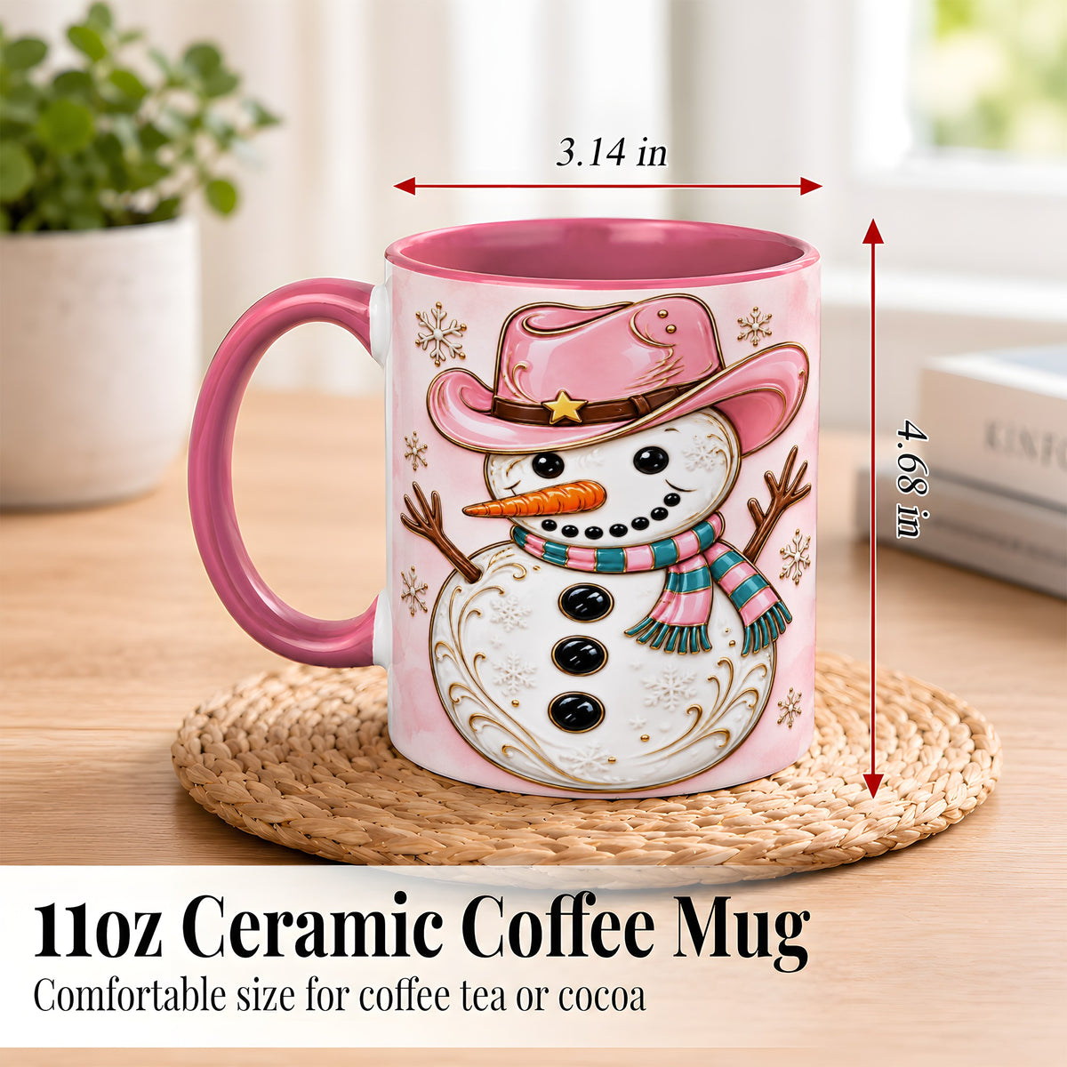 #pl[11oz|Pink] Pink Cowgirl Snowman Coffee Mug, Western Winter Mug, Ceramic Cup