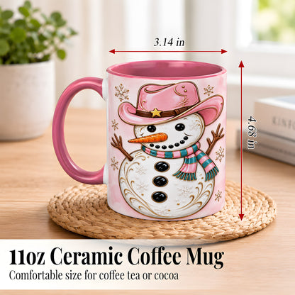 #pl[11oz|Pink] Pink Cowgirl Snowman Coffee Mug, Western Winter Mug, Ceramic Cup