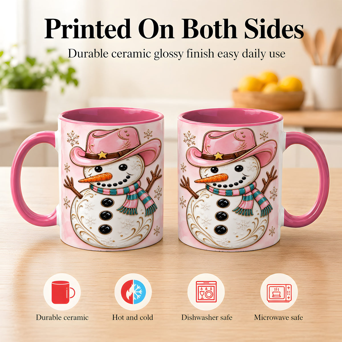 #pl[11oz|Pink] Pink Cowgirl Snowman Coffee Mug, Western Winter Mug, Ceramic Cup