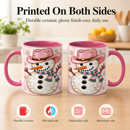 #pl[11oz|Pink] Pink Cowgirl Snowman Coffee Mug, Western Winter Mug, Ceramic Cup