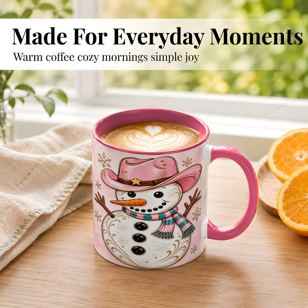 #pl[11oz|Pink] Pink Cowgirl Snowman Coffee Mug, Western Winter Mug, Ceramic Cup